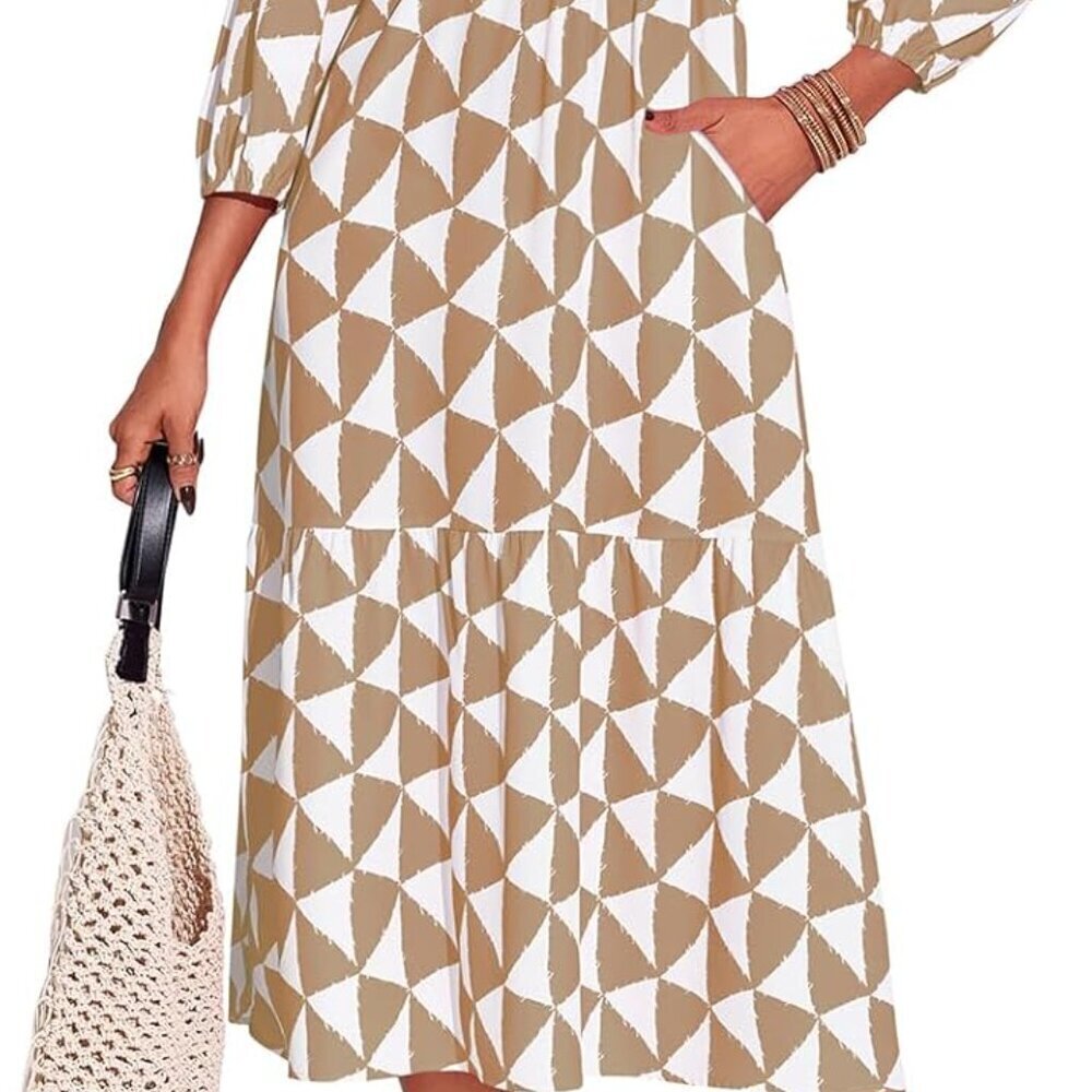 Womens Boho Midi Dress Long Sleeve Color Block Beach Casual Shirt Dress